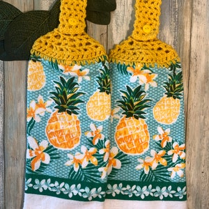 Turquoise and gold - Pineapples and flower blossoms, useful and beautiful, hanging kitchen towel
