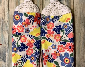 Vibrant exploding flowers, bright and cheery, micro-fiber towel with crocheted topper