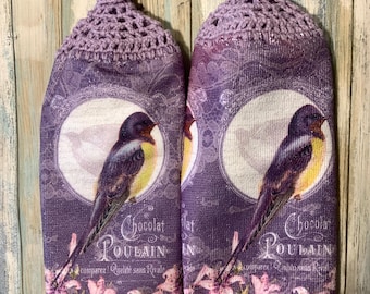 Bird and flowers on purple kitchen towel with crocheted hanger, adjustable loop - microfiber towel
