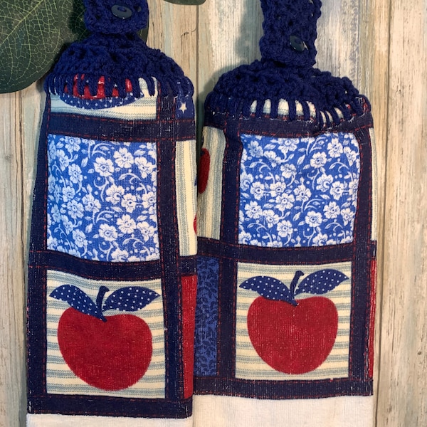 Patriotic America decor, new kitchen towel with adjustable crocheted topper/loop/hanger, apple, cherries, strawberries