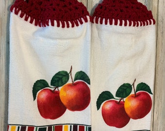 Red, ripe apples with multicolor stripe border, kitchen towel with crocheted adjustable loop topper - gift for Mom