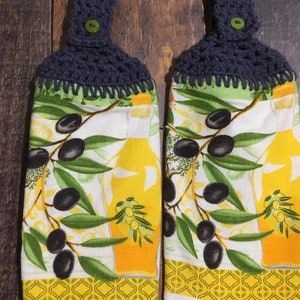 Olives, Olive Oil, Olive Branch Mediterranean Italian Kitchen towel with hand crocheted adjustable hanging loop gift for her