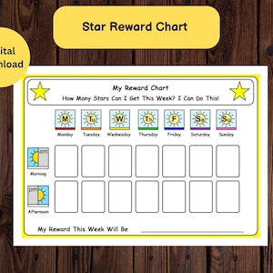 Op de afbeelding: Een digitale download ster beloningskaart met een gele rand. De kaart bevat vakken voor dagelijkse taken, met secties voor ochtend en middag. De tekst "Star Reward Chart" staat bovenaan.