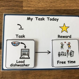 May include: A white board with the text "My Task Today" and a star icon. There are two squares with images and text. The first square says "Task" and has an image of a dishwasher with dishes inside. The second square says "Reward" and has an image of a person playing with a ball and another person reading a book. The text below the image says "Free time".