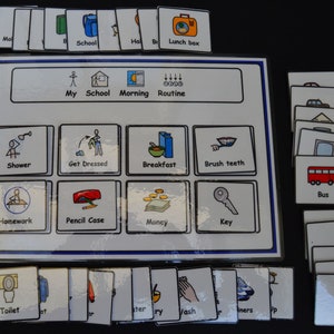 May include: A visual schedule for children with pictures and words for a morning routine. The schedule includes activities like showering, getting dressed, eating breakfast, brushing teeth, homework, and taking the bus.