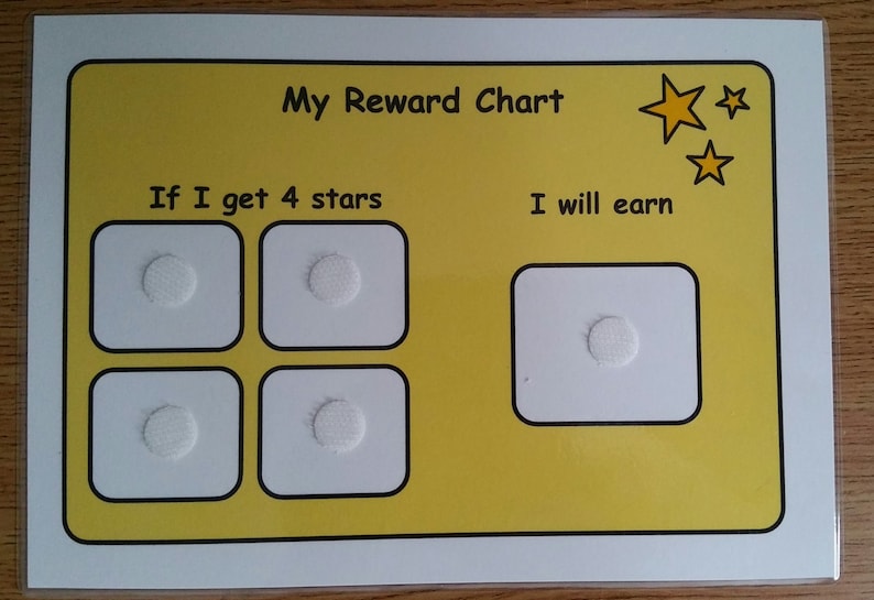 May include: A yellow reward chart with the text "My Reward Chart" at the top. The chart has four white circles with velcro on them and the text "If I get 4 stars" above them. On the right side of the chart is a single white circle with velcro and the text "I will earn" above it. There are three yellow stars in the top right corner of the chart.