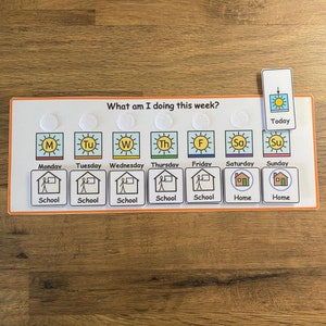 May include: A visual schedule for children with a colourful weekly calendar, days of the week, and icons for school and home. The calendar includes a sun icon for each day and a separate "Today" icon with an arrow pointing down.