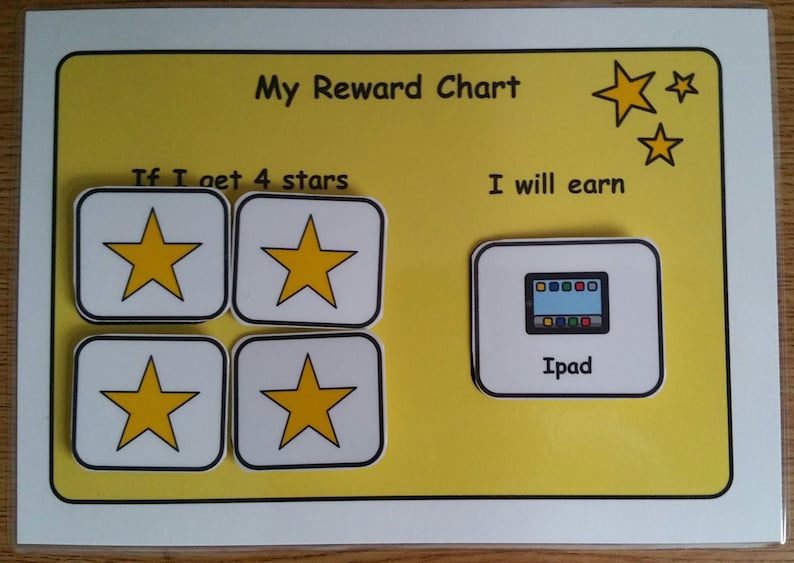 May include: A yellow reward chart with the text "My Reward Chart". The chart has four yellow stars and the text "If I get 4 stars I will earn". Below the text is a picture of an iPad with the text "iPad".