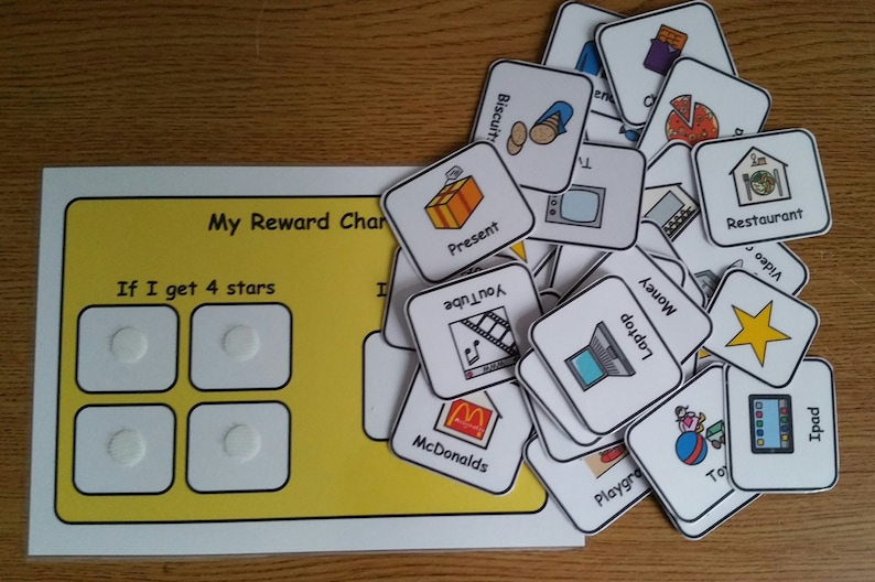 May include: A yellow and white reward chart with the text "My Reward Chart" and "If I get 4 stars". There are four blank spaces on the chart for stickers. A pile of colourful cards with pictures and text, such as "Present", "You Tube", "Laptop", "Money", "Video", "Restaurant", "McDonalds", "Playgroup", "Toys", "Ipad", and "Biscuits".