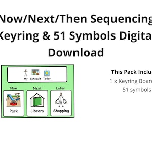 May include: A green visual aid for sequencing activities. The visual aid has three sections labeled "Now", "Next", and "Later". Each section has a picture and a word. The pictures are of a park, a library, and shopping. The text "This Pack Includes: 1 x Keyring Board and 51 symbols" is in the top right corner.