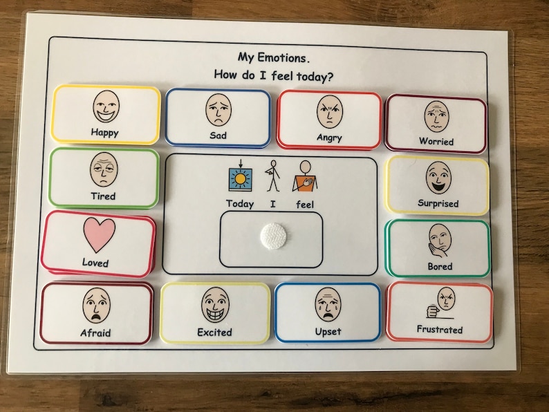 May include: A white board with the title "My Emotions. How do I feel today?" and a grid of 12 colorful squares, each containing a different facial expression. The squares are labeled with words describing emotions, such as "Happy", "Sad", "Angry", "Worried", "Tired", "Loved", "Afraid", "Excited", "Upset", "Frustrated", "Surprised", and "Bored".