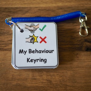 May include: A white keyring with the text "My Behaviour Keyring" and illustrations of acceptable and unacceptable behaviours. The keyring has a blue coiled lanyard and a silver clasp. The background is a wooden surface.
