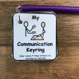 Puede incluir: Una tarjeta blanca con texto negro y una ilustraci&oacute;n simple de dos figuras de palo jugando un juego. El texto dice "My Communication Keyring" y "Widgit Symbols &copy; Widgit Software LTD www.widgit.com 2002-2024".