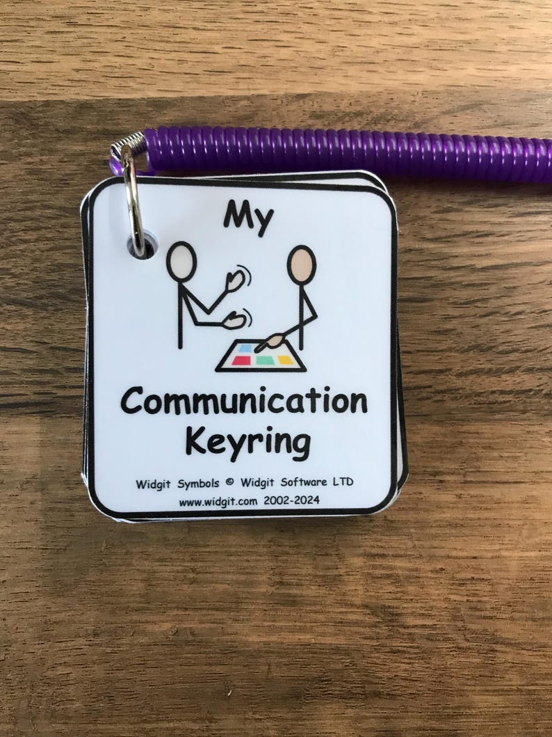Puede incluir: Una tarjeta blanca con texto negro y una ilustraci&oacute;n simple de dos figuras de palo jugando un juego. El texto dice "My Communication Keyring" y "Widgit Symbols &copy; Widgit Software LTD www.widgit.com 2002-2024".