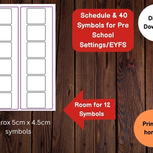 Może przedstawiać: Drukowany szablon harmonogramu z 12 pustymi kwadratami do dodania symboli. Szablon jest przeznaczony dla przedszkoli lub placówek wczesnej edukacji. Tekst "Schedule & 40 Symbols for Pre School Settings/EYFS" jest napisany na czerwono na białym tle. Tekst "Digital Download" jest napisany na czarno na białym tle. Tekst "Room for 12 Symbols" jest napisany na czerwono na białym tle. Tekst "Print at home!" jest napisany na czarno na pomarańczowym tle. Tekst "Approx 5cm x 4.5cm symbols" jest napisany na czarno na białym tle.