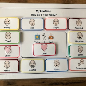 May include: A white board with colorful squares containing different emotions. Each square has a picture of a face with a corresponding emotion word below it. The words are: Happy, Sad, Angry, Worried, Tired, Surprised, Bored, Afraid, Excited, Upset, Frustrated, Loved. The board also has a picture of a sun and the words "Today I feel".