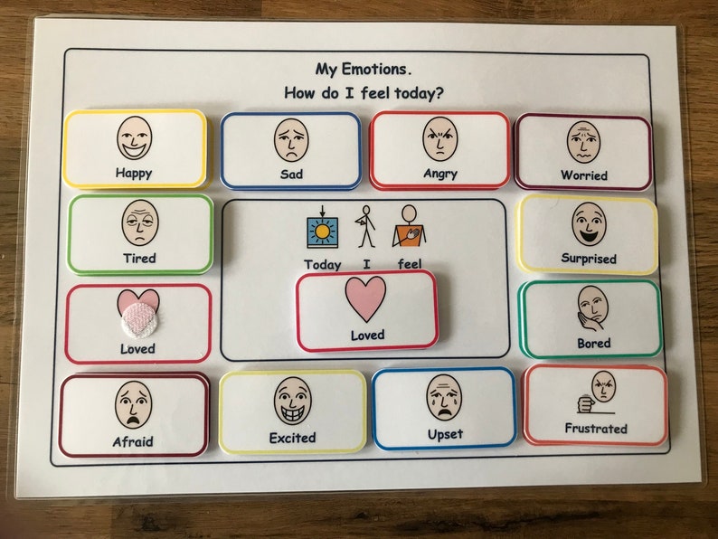 May include: A white board with colorful squares containing different emotions. Each square has a picture of a face with a corresponding emotion word below it. The words are: Happy, Sad, Angry, Worried, Tired, Surprised, Bored, Afraid, Excited, Upset, Frustrated, Loved. The board also has a picture of a sun and the words "Today I feel".