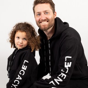 Legend and Legacy Hoodies - Black with Printed Drawcord, Kangaroo Pocket, and Left Sleeve Print