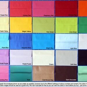 May include: A selection of coloured envelopes displayed in a grid, featuring shades like pink, red, orange, yellow, green, blue, purple, and brown. Each envelope is labelled with its colour name, such as "Pastel Pink" and "Bright Orange."