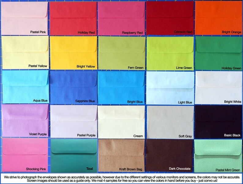 May include: A selection of coloured envelopes displayed in a grid, featuring shades like pink, red, orange, yellow, green, blue, purple, and brown. Each envelope is labelled with its colour name, such as "Pastel Pink" and "Bright Orange."
