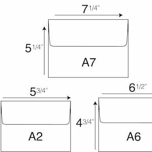 May include: Diagram showing three envelope sizes: A7, A2, and A6. The A7 envelope measures 18.4 cm wide and 13.3 cm tall. The A2 envelope is 14.6 cm wide and 11.1 cm tall. The A6 envelope is 16.5 cm wide and 12.1 cm tall.