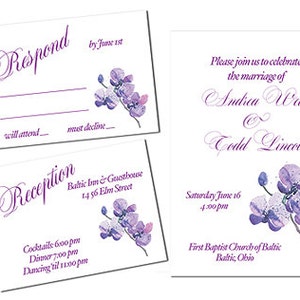 May include: Purple and white wedding invitation with a floral design. The invitation includes the names "Andrea Wells" and "Todd Lincoln" and the date "Saturday June 16, 4:00pm". The reception information is on a separate card with the text "Baltic Inn & Guesthouse, 14 56 Elm Street, Cocktails 6:00pm, Dinner 7:00pm, Dancing til 11:00pm".