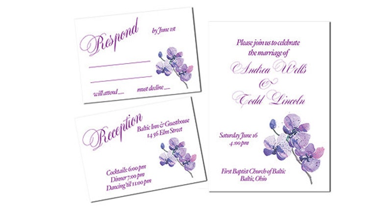 May include: Purple and white wedding invitation with a floral design. The invitation includes the names "Andrea Wells" and "Todd Lincoln" and the date "Saturday June 16, 4:00pm". The reception information is on a separate card with the text "Baltic Inn & Guesthouse, 14 56 Elm Street, Cocktails 6:00pm, Dinner 7:00pm, Dancing til 11:00pm".