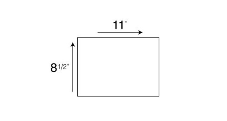 May include: A white rectangle with black lines outlining the shape. The rectangle is 11 inches wide and 8 1/2 inches tall.