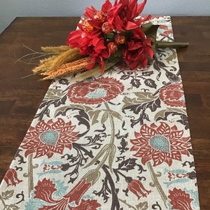 red teal brown floral table runner, Fall table runner, buffet runner, dresser runner, entryway runner, modern runner