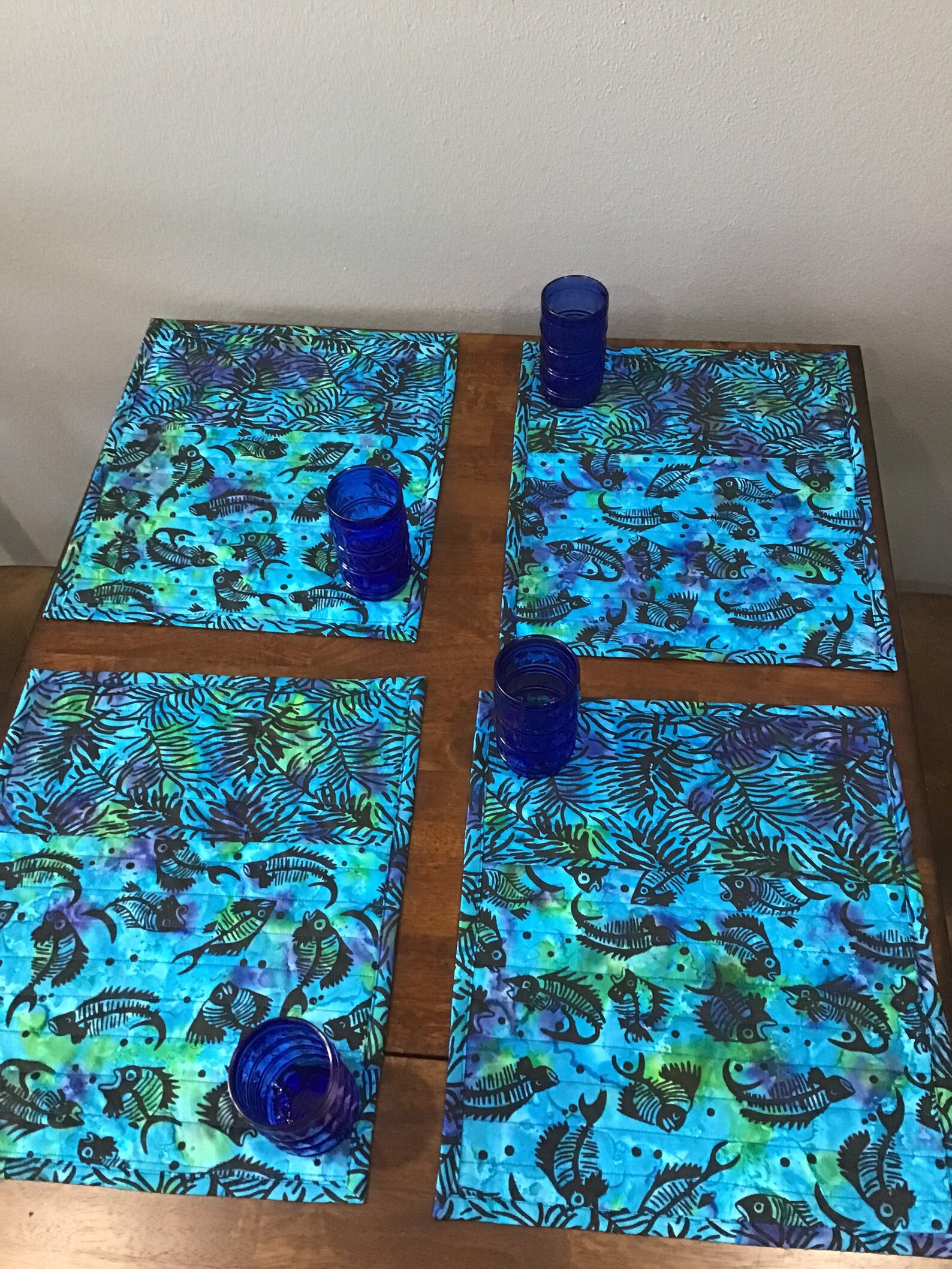 Quilted Placemat Sets Blue Batik Placemats Reversible Etsy