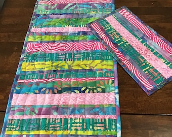 Modern quilted batik table runner set pink teal blue green dresser scarf mat covering vanity coffee table