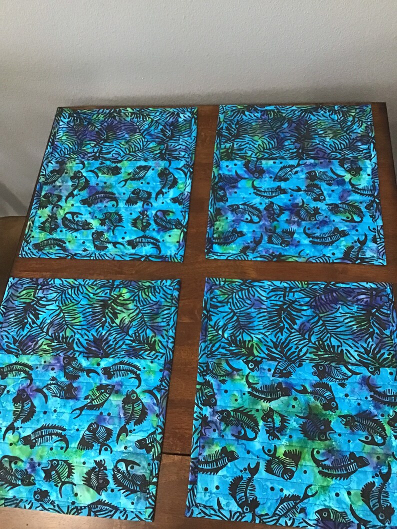 Quilted Placemat Sets Blue Batik Placemats Reversible Etsy
