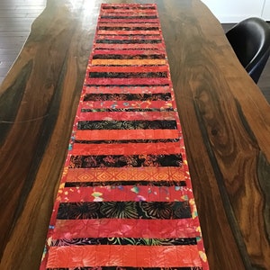 Red black batik quilted table runner, boho modern eclectic table dresser scarf runner