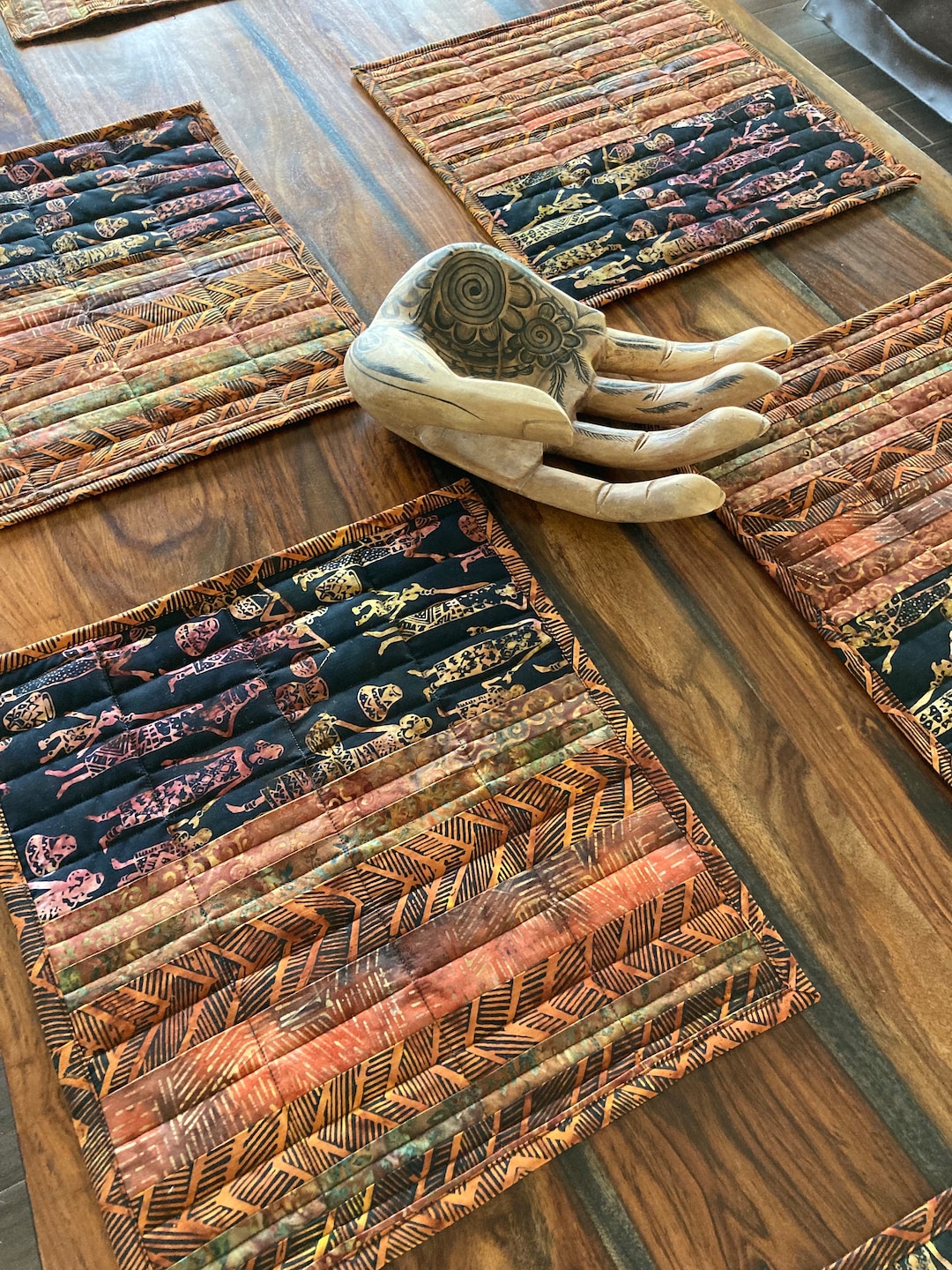 Batik African Print Quilted Placemats, Set of 6 Brown, Black, Greens