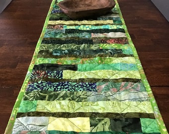 Green batik table runner quilted dresser buffet cover