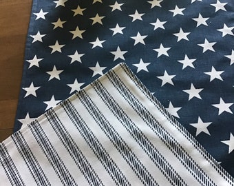 blue ticking table runner, Americana patriotic blue stars stripe farmhouse reversible table cover