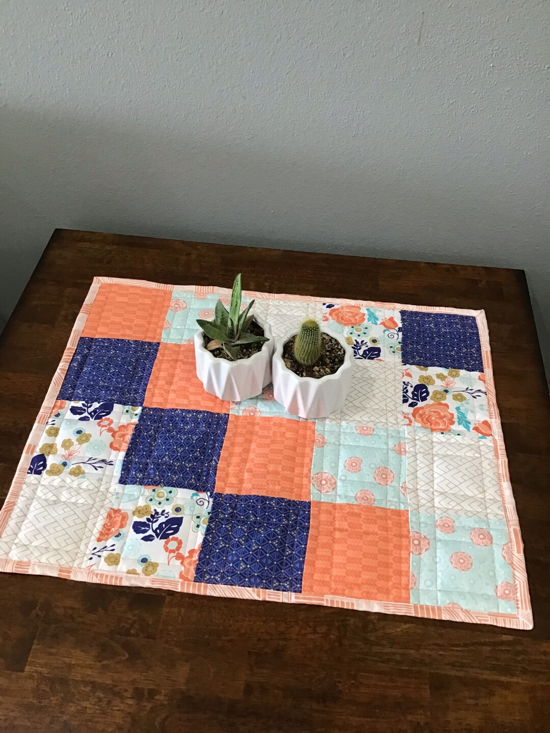 Quilted Table Topper: Blue Peach Floral Cotton Dresser Scarf - Etsy