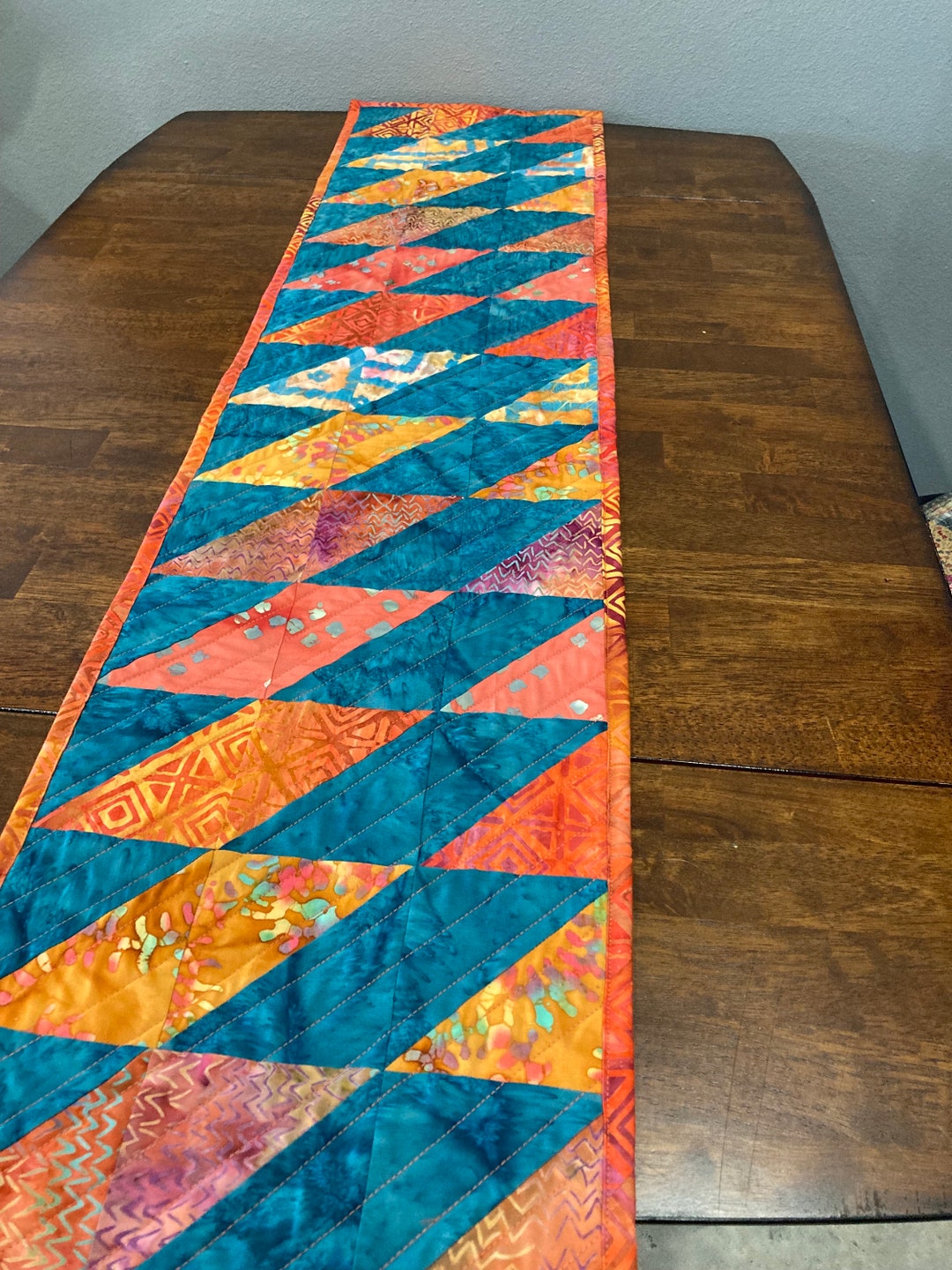 Batik Quilted Table Runner Dresser Scarf Cover Mat Teal Orange Etsy