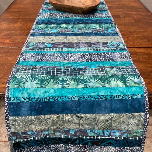 Blue teal quilted table runner dresser scarf table cover mat turquoise batik ocean beach tropical coastal dining decor