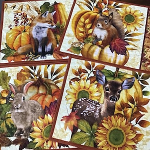May include: Set of four square placemats with autumn-themed designs. Each features a different woodland creature: a fox, squirrel, rabbit, and deer, surrounded by pumpkins, sunflowers, and fall foliage. The placemats have a brown border.