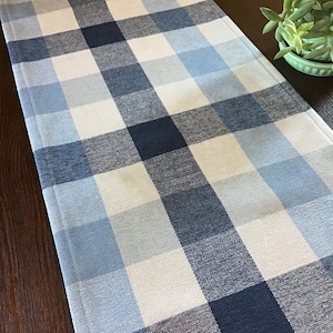 Blue buffalo check farmhouse table runner blue plaid  entryway dresser coffee table