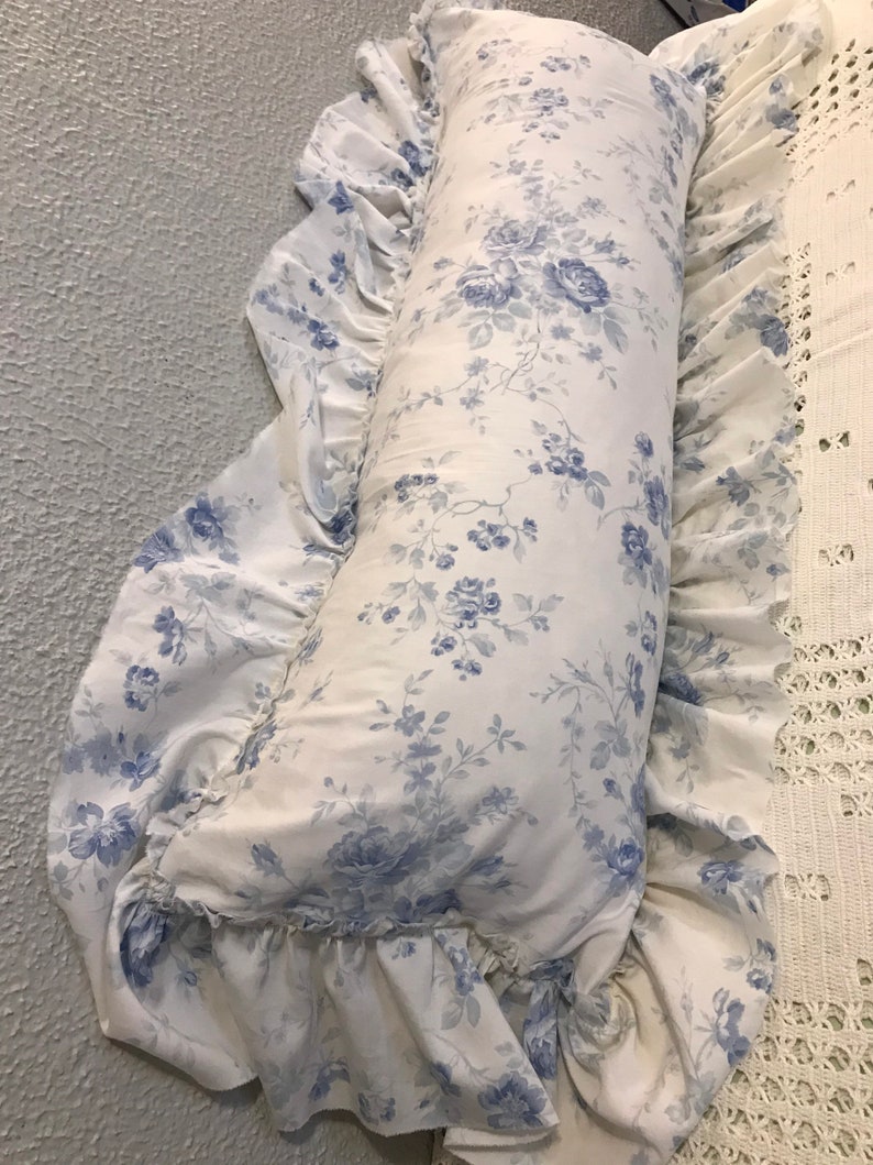 Pillow Slip Blue Roses Cotton Pillow Slip Ruffled Pillow Home Etsy