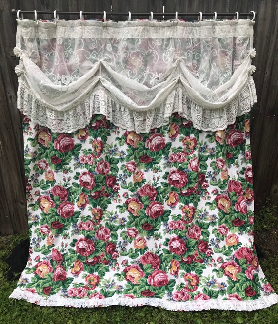 Shower Curtain Roses Victorian French Country Vintage Valance And Lace Bathroom Decor Home