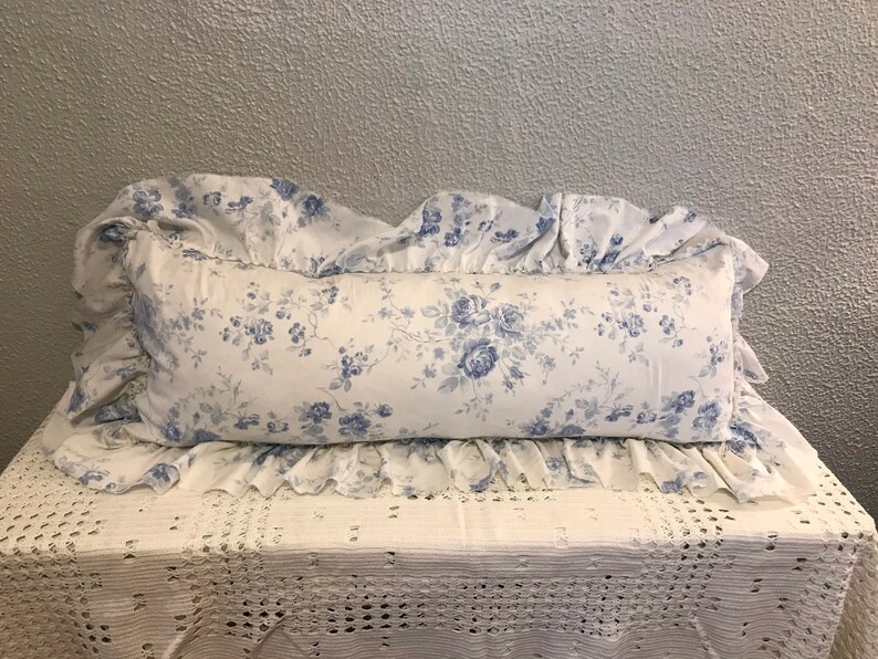 Pillow Slip Blue Roses Cotton Pillow Slip Ruffled Pillow Home Etsy
