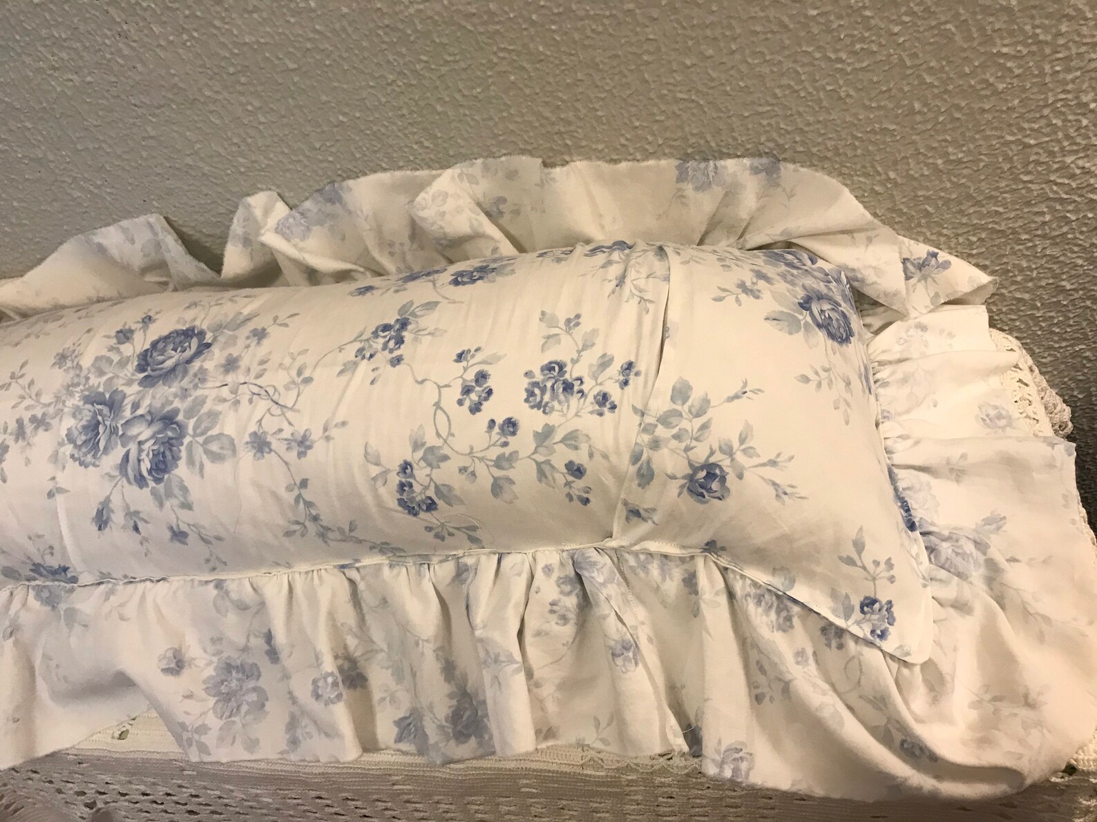 Pillow Slip Blue Roses Cotton Pillow Slip Ruffled Pillow Home Etsy