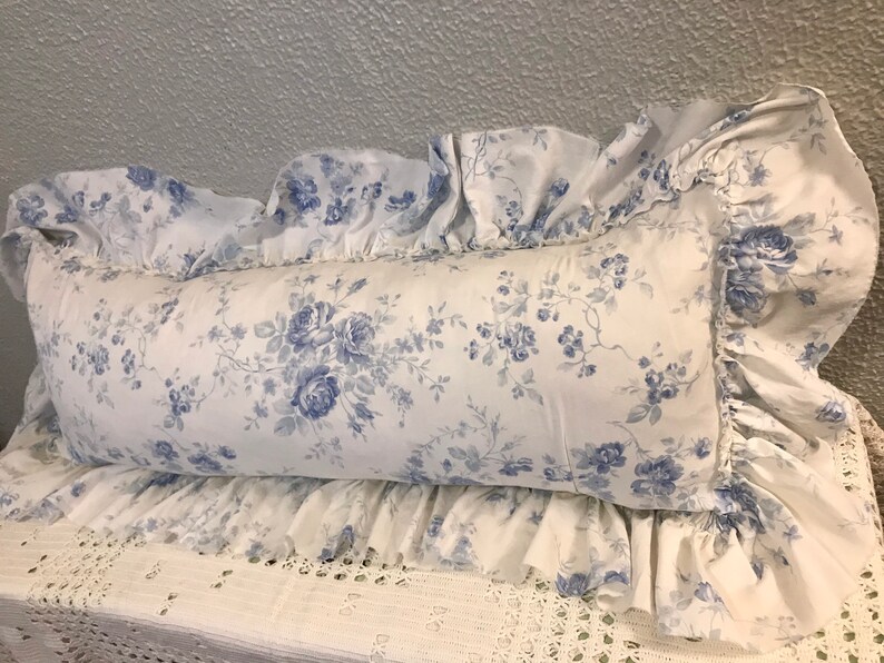Pillow Slip Blue Roses Cotton Pillow Slip Ruffled Pillow Home Etsy