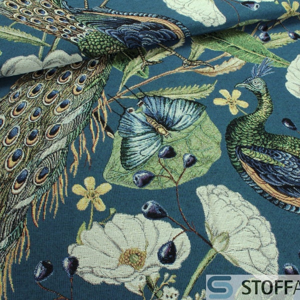 Stoff Baumwolle Polyester Gobelin blau Pfau bunt Decke Kissenbezug Tasche Windröschen Himmelsfalter Schmetterling