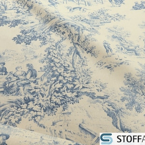 Fabric pure cotton rib Toile de Jouy village beige blue village life
