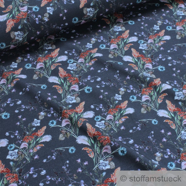 Fabric Cotton Elastane Single Jersey Dark Blue Flower Meadow Stretchy Meadow Flowers