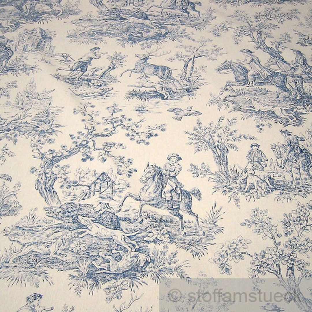 Fabric Cotton Rib Toile De Jouy Hunt Ecru Blue 280 Cm Wide
